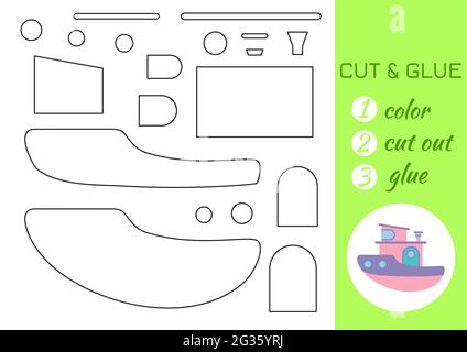 Farbe, Schnitt und Kleber Papier rosa Schiff. Seite „Craft Activity“ ausschneiden und einfügen. Pädagogisches Spiel für Kinder im Vorschulalter. DIY-Arbeitsblatt. Kinder Logik Spiel, aktiv Stock Vektor