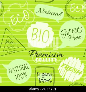 Nahtloses Muster im Retro-Stil mit Schriftzügen für Öko-Lebensmittelgeschäfte. Öko- und Bio-Konzept. Endlose Textur kann für Musterfüllungen, Webseite backg verwendet werden Stock Vektor