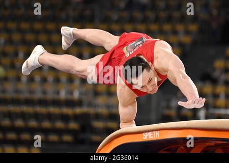 München, Deutschland. Juni 2021. Andreas TOBA (GER), Action auf dem Sprung. Rund um Männer. Gymnastik 2. Olympia-Qualifikation in München am 12. Juni 2021. Kredit: dpa/Alamy Live Nachrichten Stockfoto