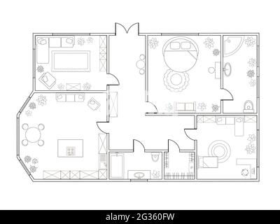 Abstrakter Vektor-Plan von zwei-Zimmer-Wohnung, mit Küche, Bad, Schlafzimmer, Wohnzimmer. Vektorgrafik EPS8 Stock Vektor