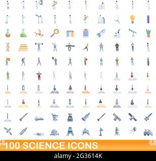 100 Science Icons Set. Cartoon Illustration von 100 Science Icons Vector Set isoliert auf weißem Hintergrund Stock Vektor