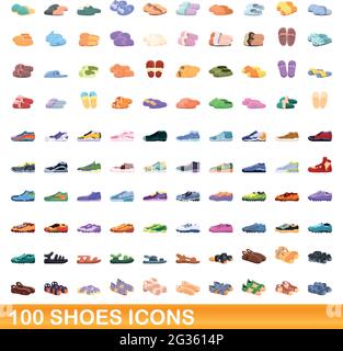 100 Schuhe Icons Set. Cartoon Illustration von 100 Schuhe Symbole Vektor-Set isoliert auf weißem Hintergrund Stock Vektor