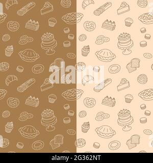 Backwaren handgezeichnete Doodle nahtlose Muster. Cartoon Hintergrund mit linearen Symbolen von Gebäck Artikel. Zufällige Backwaren auf dem Hintergrund verstreut. Stock Vektor