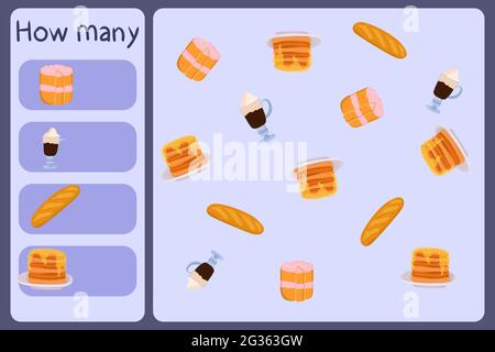 Kids mathematische Mini-Spiel - zählen, wie viele Lebensmittel - Kuchen, Kaffee, Baguette, Pfannkuchen. Pädagogische Spiele für Kinder. Cartoon Design Vorlage auf bunten Hintergrund. Vektorgrafik. Stock Vektor