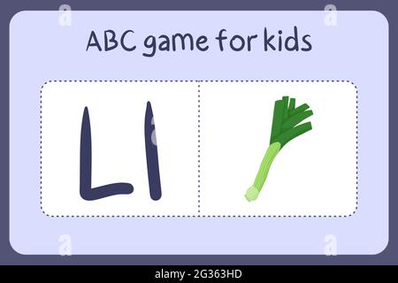 Kind Alphabet Mini-Spiele im Cartoon-Stil mit dem Buchstaben L - Lauch. Vektor-Illustration für Spiel-Design - Schneiden und spielen. Lerne abc mit Flash-Karten für Obst und Gemüse. Stock Vektor