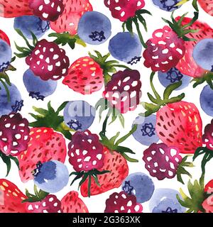 Aquarell Mischung aus Beeren nahtlose Muster. Heidelbeeren, Erdbeeren und Himbeeren Stockfoto