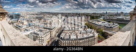 FRANKREICH. PARIS (75) PANORAMA DER STADT VON DER SPITZE DES SAINT JACQUES TURM (OSTEN) CHATELET PLATZ Stockfoto