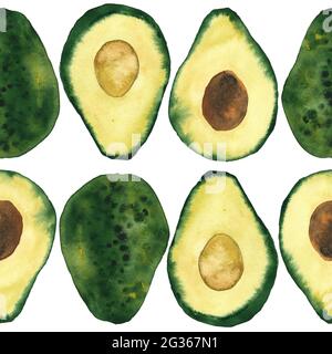 Handbemalte Avocado-Hälften. Nahtloses Aquarellmuster Stockfoto