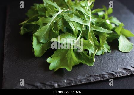 Frische Rukula, die auf einem schwarzen Brett liegt Stockfoto