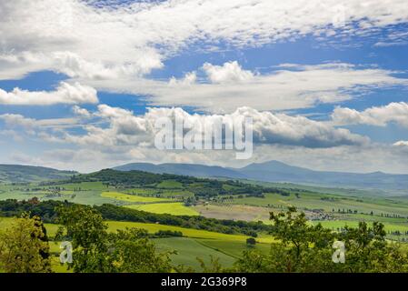 Blick auf die grüne Landschaft des Val d'Orcia in der Nähe von Pienza Italien Stockfoto