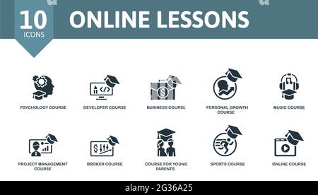 Symbol für Online-Lektionen festgelegt. Enthält editierbare Symbole Online-Kurs Thema wie Psychologie-Kurs, Business-Kurs, Musik-Kurs und vieles mehr. Stock Vektor