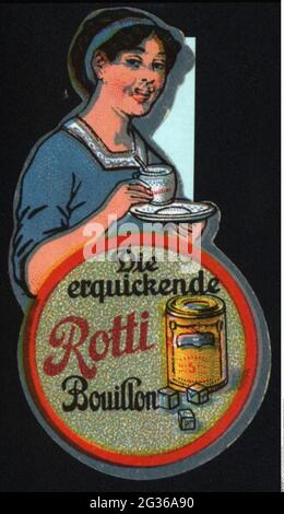 Werbung, Plakatmarken, Lebensmittel, 'Rotti', Bouillon, CIRCA 1910, ZUSÄTZLICHE-RIGHTS-CLEARANCE-INFO-NOT-AVAILABLE Stockfoto