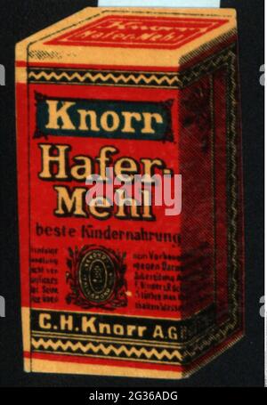 Werbung, Plakatstempel, Lebensmittel, 'Knorr', Hafermehl, CIRCA 1910, ZUSÄTZLICHE-RIGHTS-CLEARANCE-INFO-NOT-AVAILABLE Stockfoto