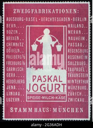 Werbung, Poster, Lebensmittel, 'Paskal', Joghurt, MÜNCHEN, UM 1910, ZUSÄTZLICHE-RIGHTS-CLEARANCE-INFO-NOT-AVAILABLE Stockfoto