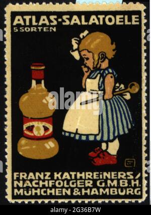 Werbung, Plakatstempel, Lebensmittel, 'Atlas' Salatöl, 'Franz Kathreiner's Nachfolger GmbH', ZUSÄTZLICHE-RIGHTS-CLEARANCE-INFO-NOT-AVAILABLE Stockfoto