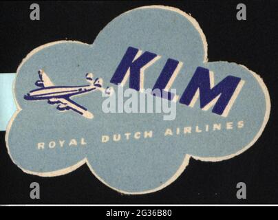 Werbung, Plakatmarken, Transport / Transport, Fluggesellschaft 'KLM Royal Dutch Airlines', 50er Jahre, ZUSÄTZLICHE RECHTE-CLEARANCE-INFO-NOT-AVAILABLE Stockfoto