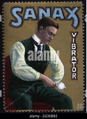 Werbung, Plakatstempel, Körperpflege, Vibrator „Sanax“, um 1910, ADDITIONAL-RIGHTS-CLEARANCE-INFO-NOT-AVAILABLE Stockfoto