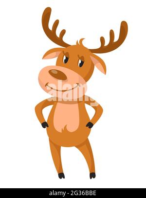 Weihnachtshirsch mit Händen am Gürtel. Lächelnde Figur im Cartoon-Stil. Stock Vektor