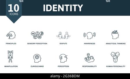 Identitätssymbole festgelegt. Enthält bearbeitbare Symbole Persönlichkeitsthema wie Prinzipien, Streit, analytisches Denken und mehr. Stock Vektor