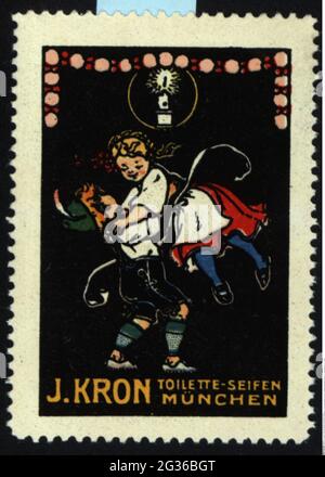 Werbung, Plakat Briefmarken, Körperpflege, 'J. Kron' SOAP, München, um 1910, ZUSÄTZLICHE-RIGHTS-CLEARANCE-INFO-NOT-AVAILABLE Stockfoto