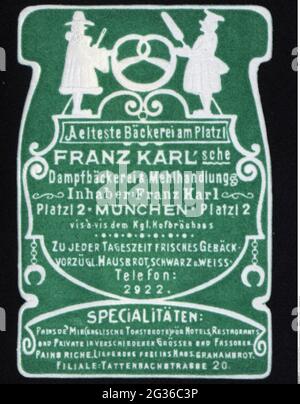 Werbung, Plakatmarken, Lebensmittel, Bäckerei 'Franz Karlsche', München, CIRCA 1910, ZUSÄTZLICHE-RIGHTS-CLEARANCE-INFO-NOT-AVAILABLE Stockfoto