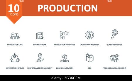 Produktionssymbole eingestellt. Enthält bearbeitbare Symbole Produktionsmanagement Thema wie Produktionslinie, Produktion Pririties, Qualitätskontrolle und mehr. Stock Vektor
