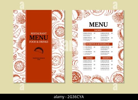 Mexikanische Küche zweiseitige vertikale Menüvorlage mit handgezeichneten Elementen. Vektorgrafik im Skizzenstil Stock Vektor