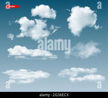 Durchsichtige Wolken. 3d realistische Vektordarstellung verschiedener Wolken auf blauem Hintergrund. Stock Vektor