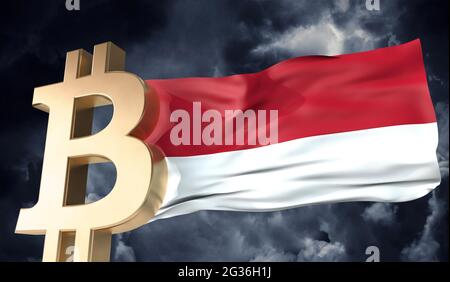 Goldbitcoin Kryptowährung mit einer winkenden indonesischen Flagge. 3D-Rendering Stockfoto
