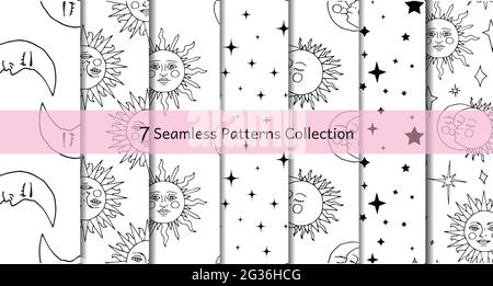 Monochrome, nahtlose Muster mit schwarzer Tinte, von Hand gezeichnete Sonne, Mond und Sterne auf weißem Hintergrund. Stock Vektor