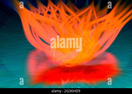 Abstrakte Illustration des Tanzens in den Windblättern einer wilden orangefarbenen Feuerflamme in der violett-blauen Dunkelheit der Nacht Stockfoto