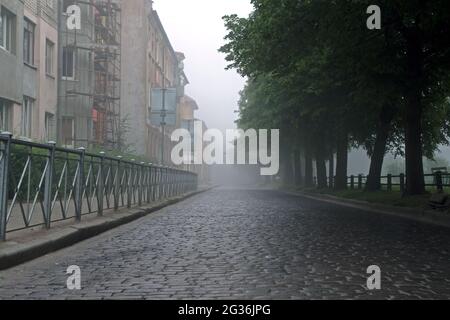 Eine neblige graue gepflasterte Straße, umgeben von Metallzäunen, überhängenden Ästen von grünen Bäumen auf der rechten Seite und den vagen Fassaden von Gebäuden auf der Stockfoto