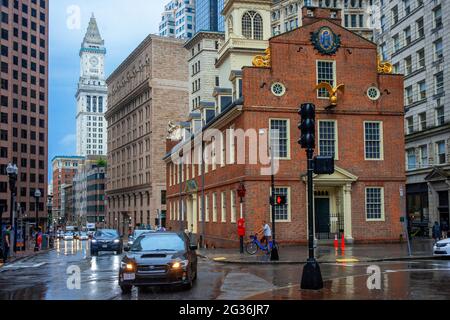 Das Old State House, Boston. Die historische Stätte der Unabhängigkeitserklärung wurde 1776 vom Balkon gelesen. Downtown Crossing Gebiet von Bosto Stockfoto