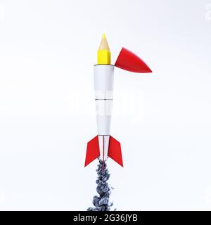 Bleistift, der aus dem Inneren einer Rakete herauskommt, bereit zum Aussteigen. 3d-Rendering. Kreativitätskonzept. Stockfoto