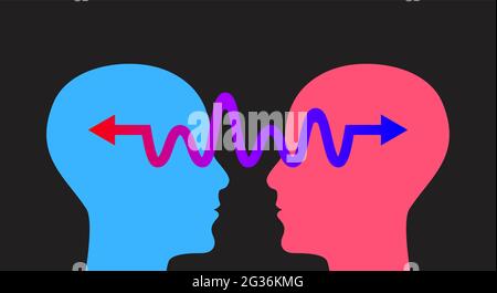 Gesprächssymbol mit zwei Profilen und Pfeil. Empathie-Logo. Verständnis des Konzepts. Therapiezeichen. Symbol für emotionale Intelligenz Stock Vektor
