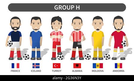 Das Qualifying des europäischen Fußballpokals zieht 2020 und 2021 an. Gruppe H . Fußballspieler mit Trikotsatz Uniform und Nationalflagge . Cartoon-Charakter Stock Vektor