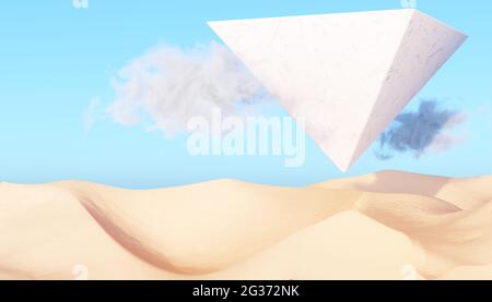 Surreale Wüstenlandschaft mit weiß fliegenden Pyramiden und weißen Wolken Stockfoto