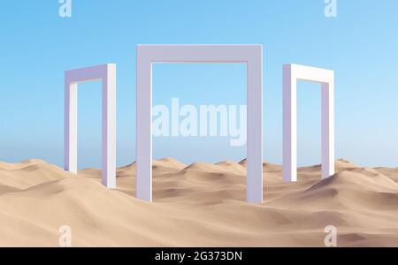 Surreale Wüstenlandschaft mit weiß fliegenden Pyramiden und weißen Wolken Stockfoto