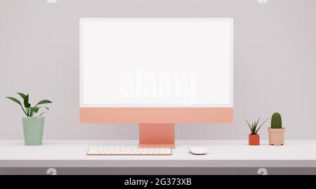 Modernes rosafarbenes Computerbild mit leerem Bildschirm auf einem weißen Desktop in 3D-Rendering. Web-, App- und ui-ux-Design-Präsentation Stockfoto