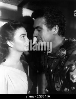 JEAN SIMMONS und VICTOR REIFEN in ANDROCLES AND THE LION auf 1952 Regisseure CHESTER ERSKINE und (nicht im Guthaben) NICHOLRAY spielen George Bernard Shaw-Verfilmung Chester Erskine und Ken Englund RKO Radio Picches Stockfoto