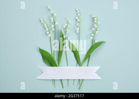 Komposition mit weißen Blüten. Kreatives Layout von Lilien des Tals auf hellgrünem Hintergrund. Minimalismus-Konzept. Stockfoto