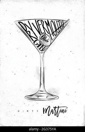 Dirty martini Cocktail Schriftzug trocken Wermut, Gin, olive in vintage Grafik Stil Zeichnung auf schmutzigen Papier Hintergrund Stock Vektor