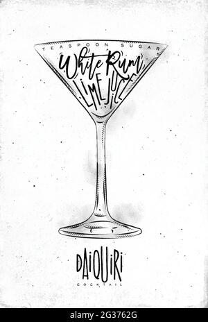 Daiquiri Cocktail-Schriftzug Teelöffel Zucker, weißer Rum, Limettensaft in Vintage-Grafik-Stil Zeichnung auf schmutzigem Papier Hintergrund Stock Vektor