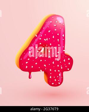 Glasierte Donut-Schrift. Nummer 4. Nummer vier Kuchen. Dessertstil. Sammlung von leckeren Bäckereinummern mit Creme. Jubiläums- und Geburtstagskonzept. Vektorgrafik. Stock Vektor