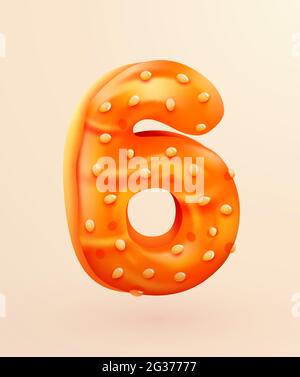 Glasierte Donut-Schrift. Nummer 6. Nummer-sechs-Kuchen. Dessertstil. Sammlung von leckeren Bäckereinummern mit Creme. Jubiläums- und Geburtstagskonzept. Vektorgrafik. Stock Vektor