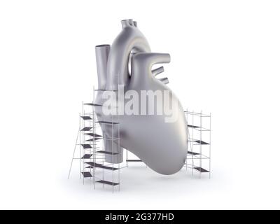 3d-Darstellung des menschlichen Herzens aus Metall mit Gerüsten. Konzept der Herzbehandlung oder -Reparatur Stockfoto