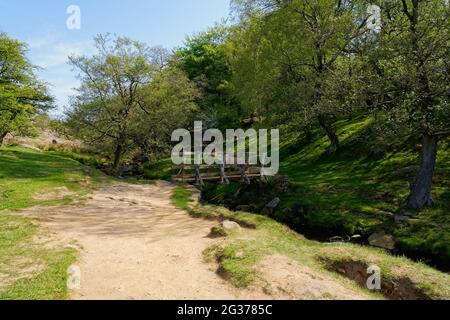 Breiter sandiger und unebener Weg führt über eine kleine Holzbrücke über Burbage Brook in der Nähe von Grindleford, Derbyshire Stockfoto