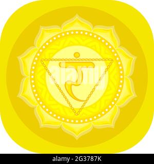 Das dritte Chakra von Manipur. Solar Plexus Chakra mit hinduistischem Sanskrit. Gelb ist ein flaches Symbol der Meditation, Yoga.Vertor Stock Vektor