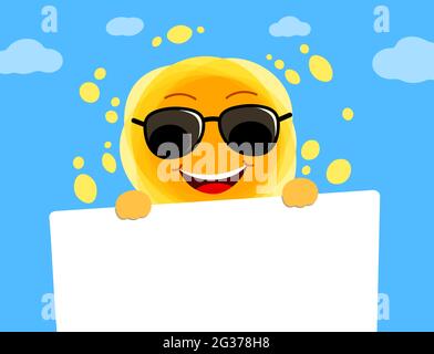 Sunny hält ein weißes Stück Papier leer. Gelb Niedlichen Sonnenschein Cartoon-Charakter. Stock Vektor