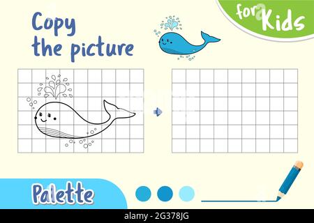 Kopieren Sie das Bild, und färben Sie es ein. Zeichnen Sie einen Wal durch Zellen, Spiel für kleine Kinder. Stock Vektor